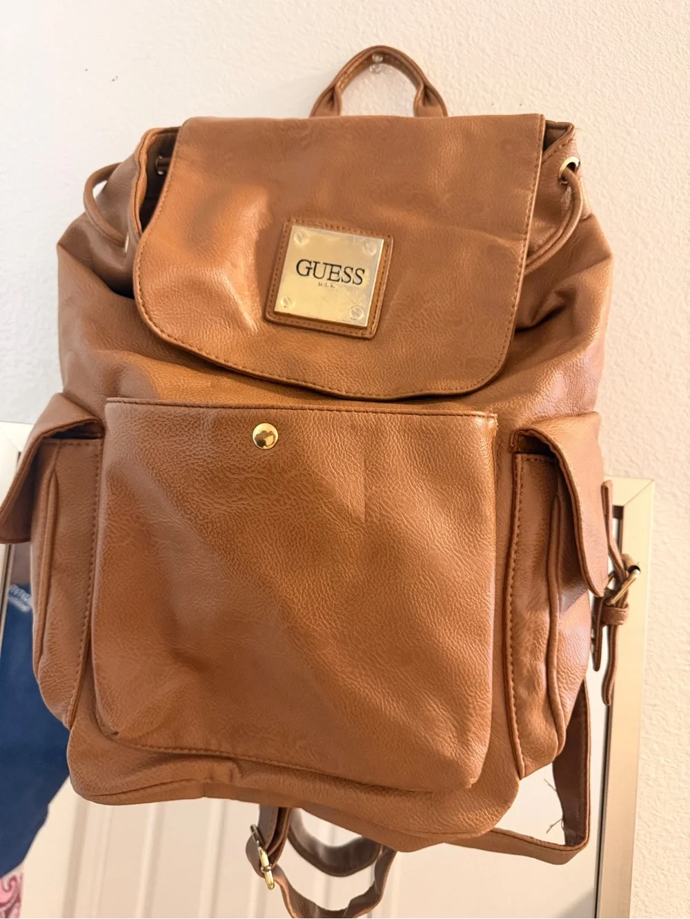GUESS Men's Tan Faux Leather Backpack with Front Pocket